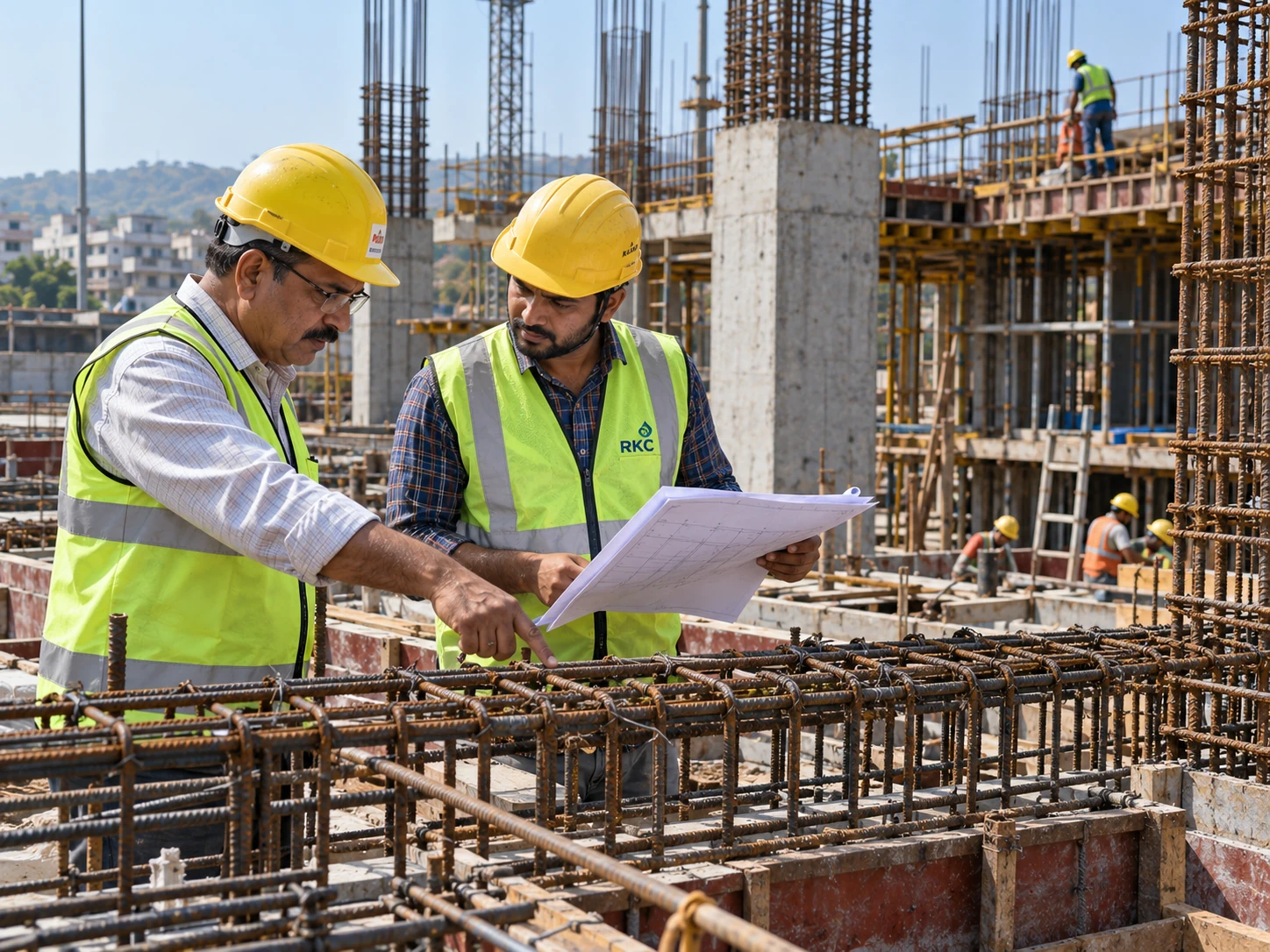 Engineers reviewing structural reinforced concrete plans on site