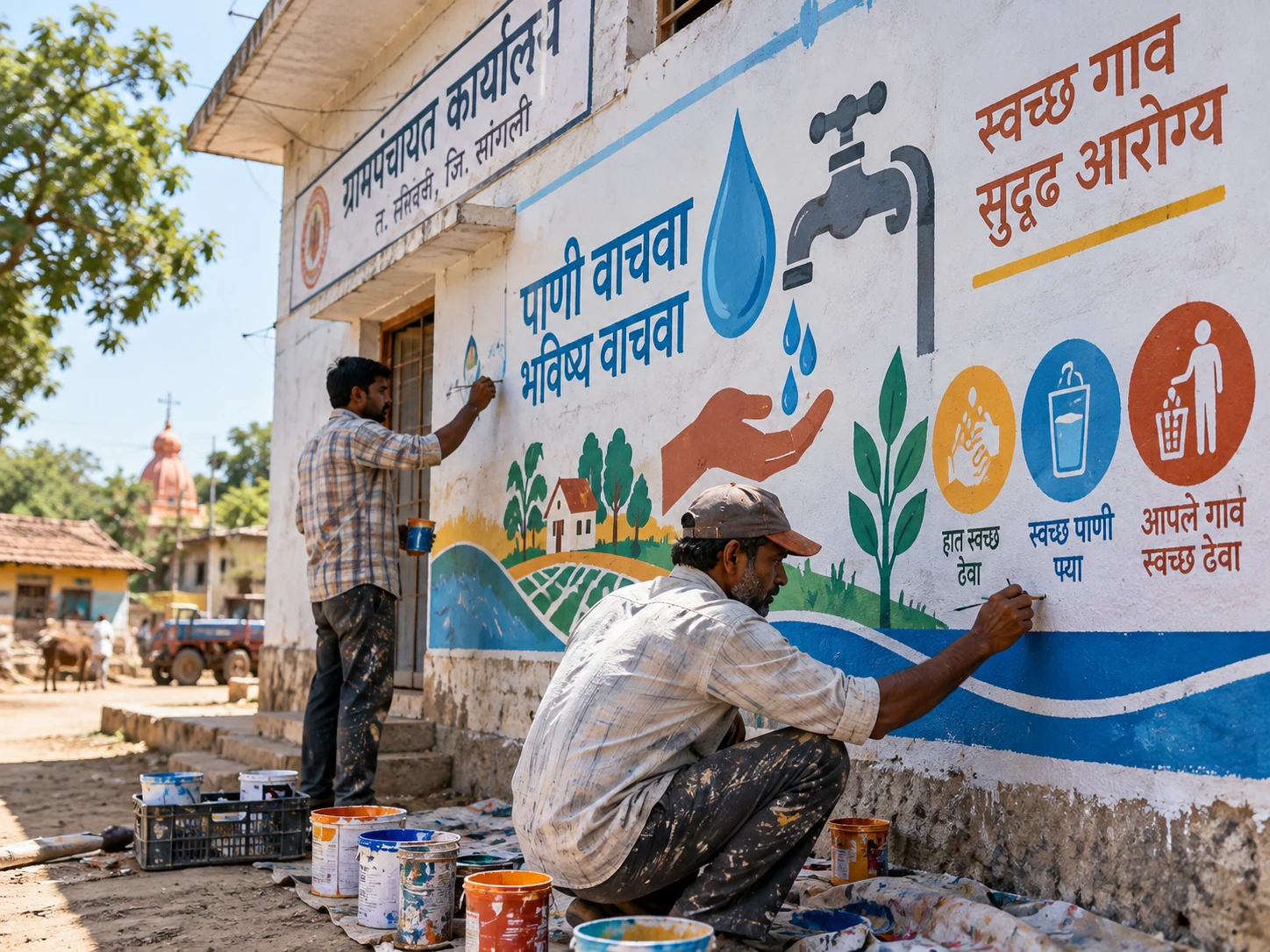 Artisans painting public awareness murals in a Maharashtrian village