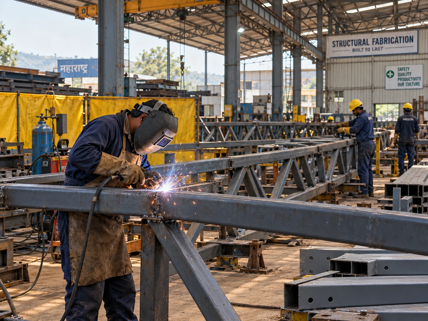 Structural steel fabrication and heavy roofing shed truss assembly in workshop